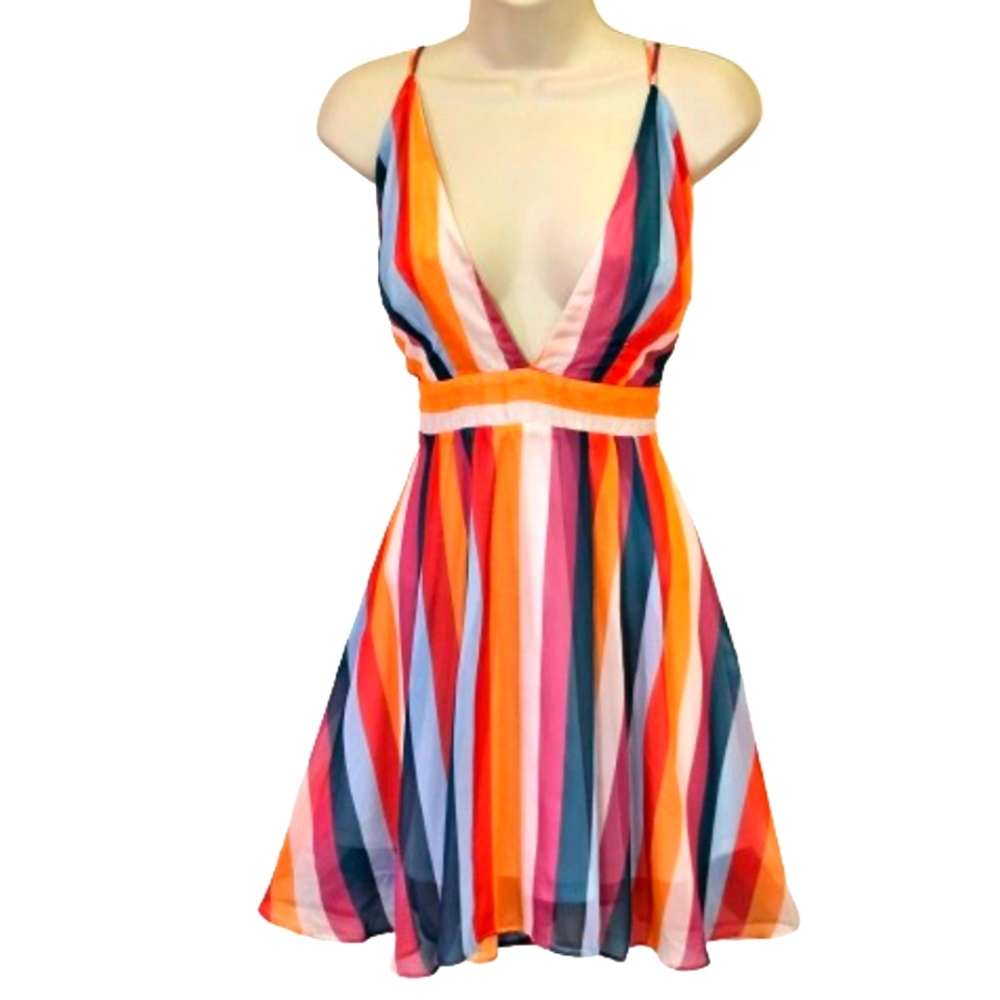ESSUE Red/Orange Multi-Color Striped Deep Plunge Strappy Mini Dress,Large,NWT - Picture 2 of 16